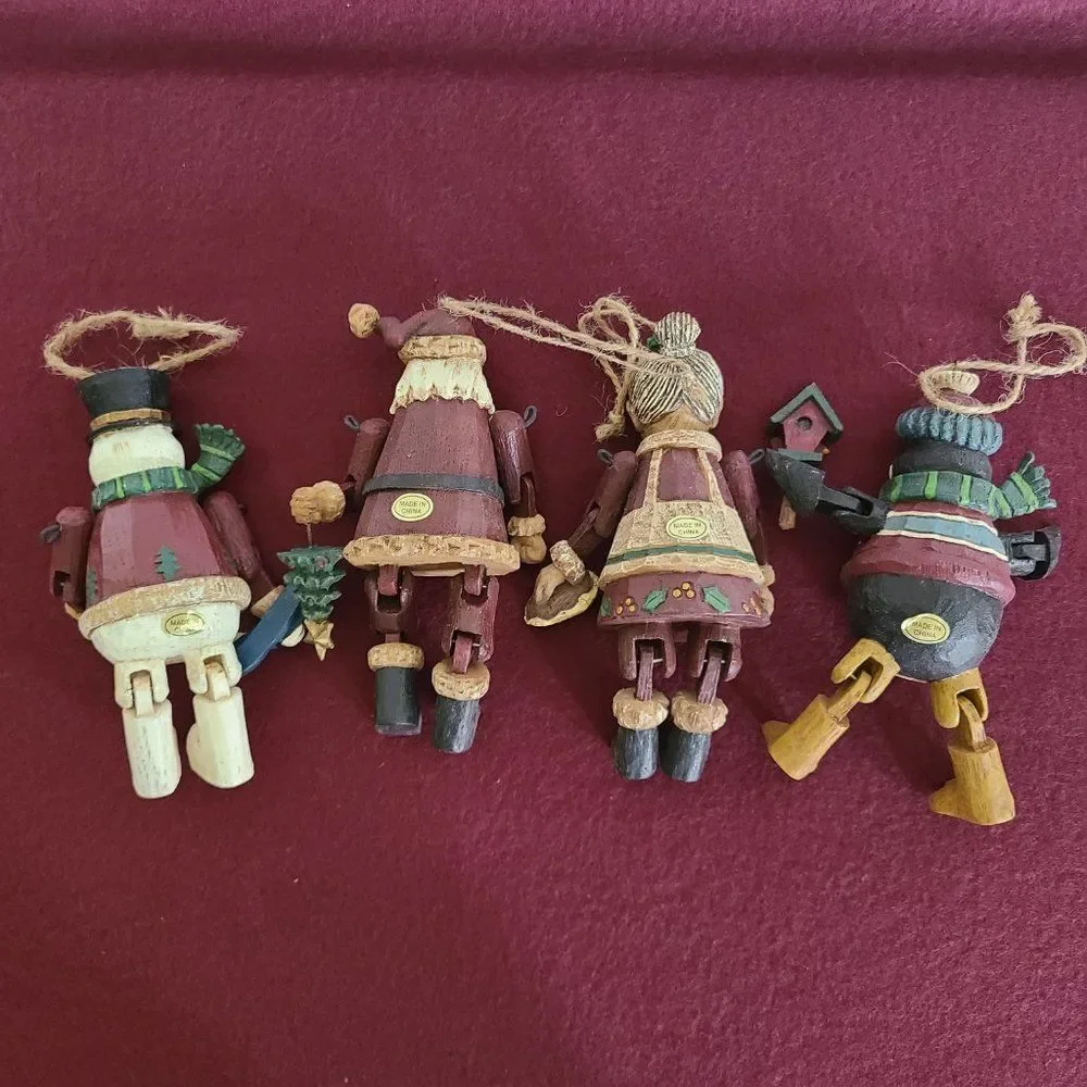 Vintage Country Christmas Jointed Resin Woodlook Ornaments Folk Art Rustic